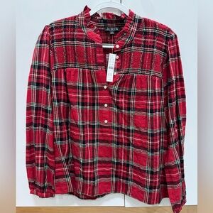 J Crew Smocked Holiday Plaid Top NWT